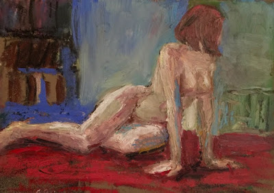nude woman looking over shoulder on red rug that appears to be floating in air