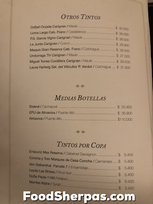 menu from Carnal in Santiago, Chile