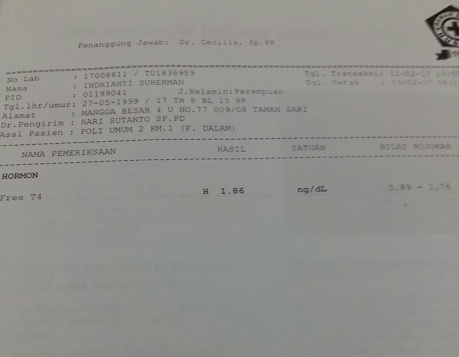 Sampai sekarang pun saya masih berkonsultasi dengan dokter Kini dosisnya hanya minum obat tyrozol sehari 1 kali Ini hasil bulan februari 2017 agak sedikit