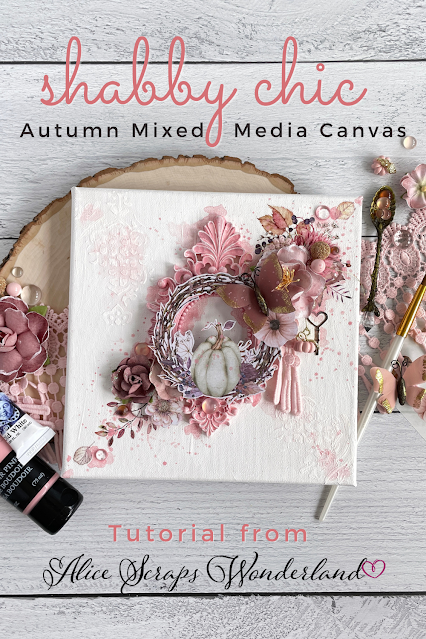 A DIY shabby chic autumn home decor piece made using the Prima Hello Pink Autumn, Sharon Ziv, Christmas Sparkle and Thirty One collections.