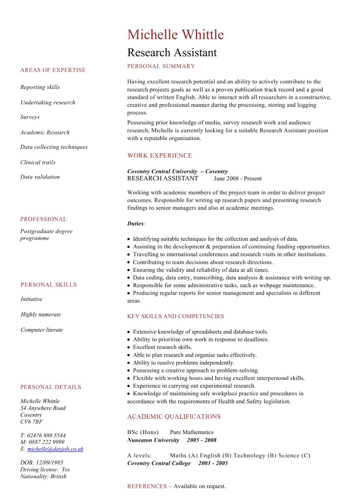 research assistant cv example