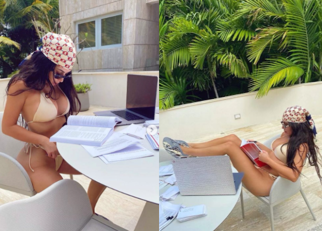 Kim Kardashian shares sexy bikini photos of herself studying in the sun (Photos)