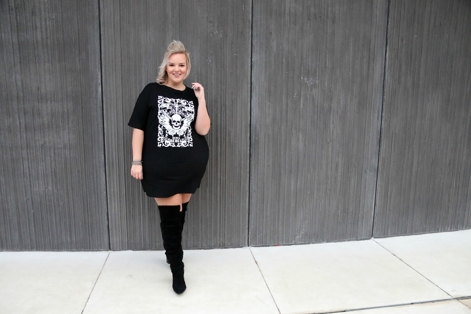 In The Style Curve Charlotte Crosby Black Rebel Rebel Skull Oversized T Shirt Dress on plus size blogger whatlauraloves