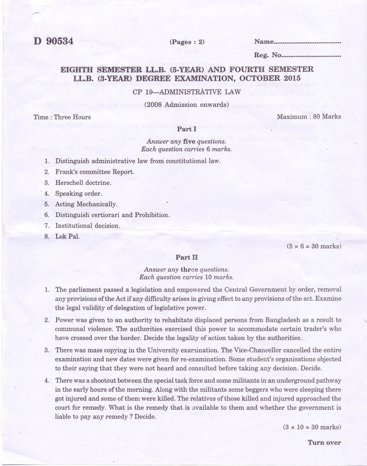 Law Student in Action SOME ADMINISTRATIVE LAW QUESTION PAPERS