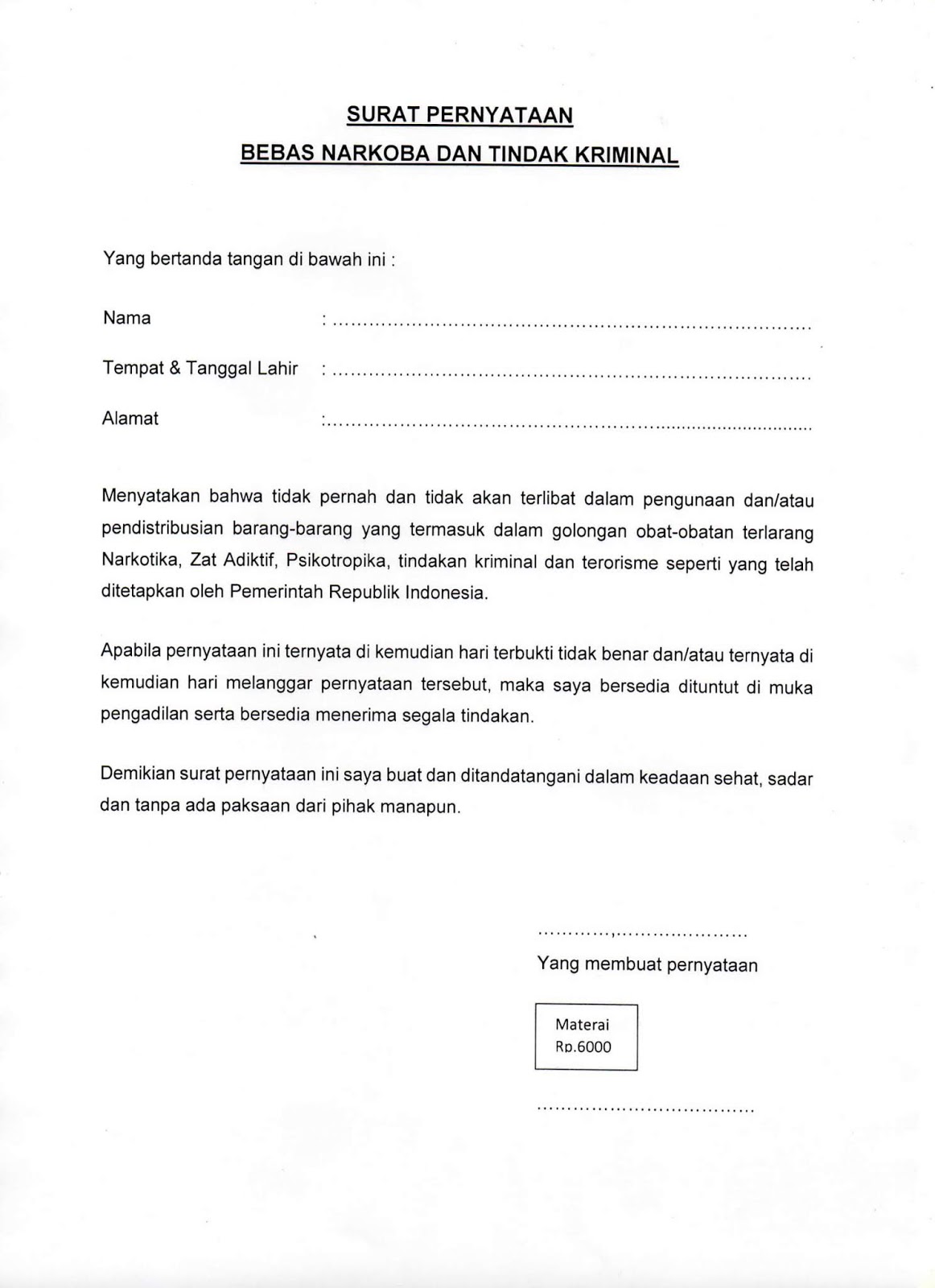 Contoh Surat Pernyataan Integritas Cpns