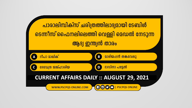 Current Affairs questions for Kerala PSC LDC, LGS, Secretariat Assistant, Uniform Post like Police, Excise, Fire force, LP, UP, HS Assistant, Company Board, Department Tests exams. Kerala PSC Current Affairs, Daily CA & GK, Current Affairs GK 2021, Current Affair August 2021, Current Event August 2021, Latest Current Affairs August 2021, Latest Current Affairs Questions in Malayalam, Malayalam Current Affairs Questions, Current Affairs questions from News Paper Daily