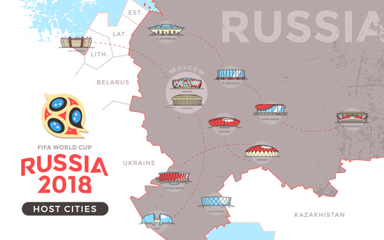 Mapa con Ciudades y Estadios de Rusia 2018 - vector