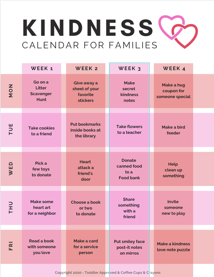 toddler approved printable kindness calendar for families