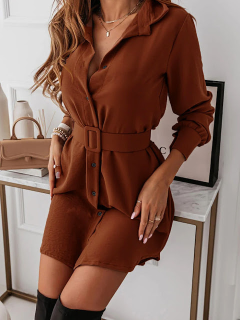 A trendy solid long sleeve dress with belt.