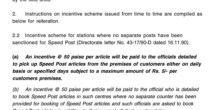 Compilation of Instructions on incentive scheme for Pickup, booking and  delivery of Speed Post