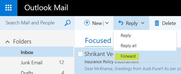 Reenviar correo electrónico en Outlook.com