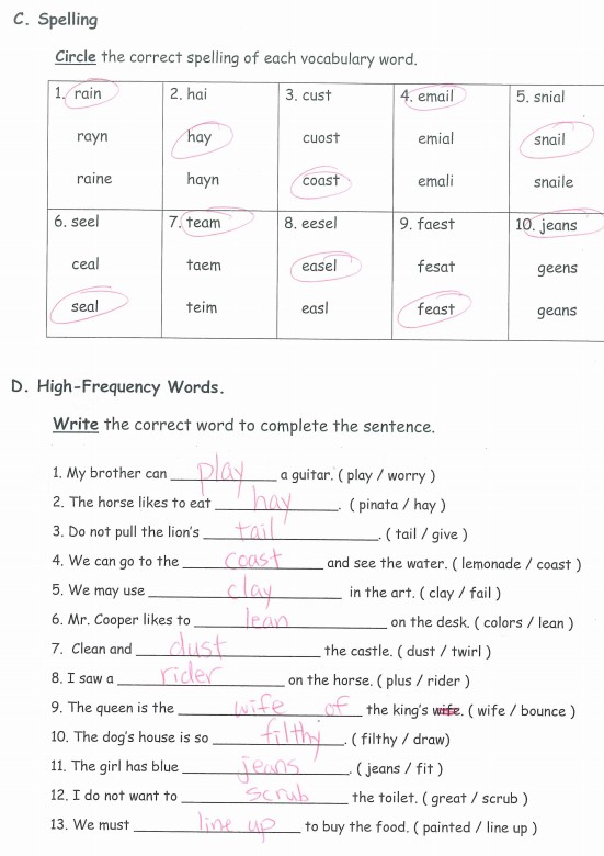 Answer Key for worksheet 2