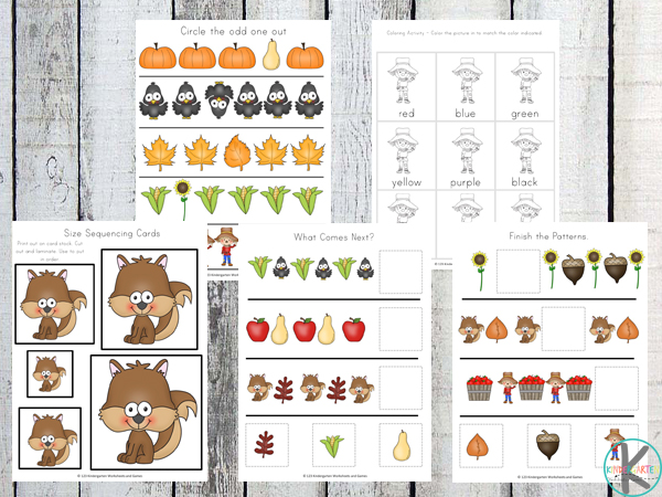 fall size sequencing, which one comes next, color words, and more fall worksheets for kids fall size sequencing, which one comes next, color words, and more fall worksheets for kids