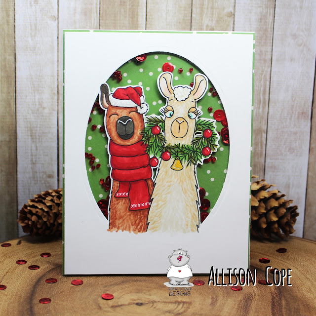Christmas Llama Shaker Card by Allison Cope featuring the digital stamp set "Fa-la-la-la-Llamas" by Gerda Steiner Designs. Copic Markers