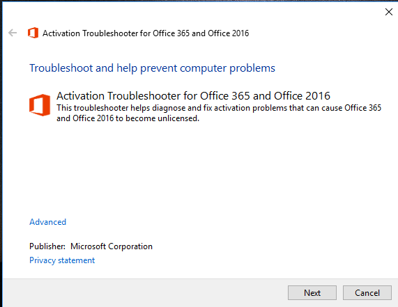 ตัวแก้ไขปัญหาข้อผิดพลาดในการเปิดใช้งาน Office 365
