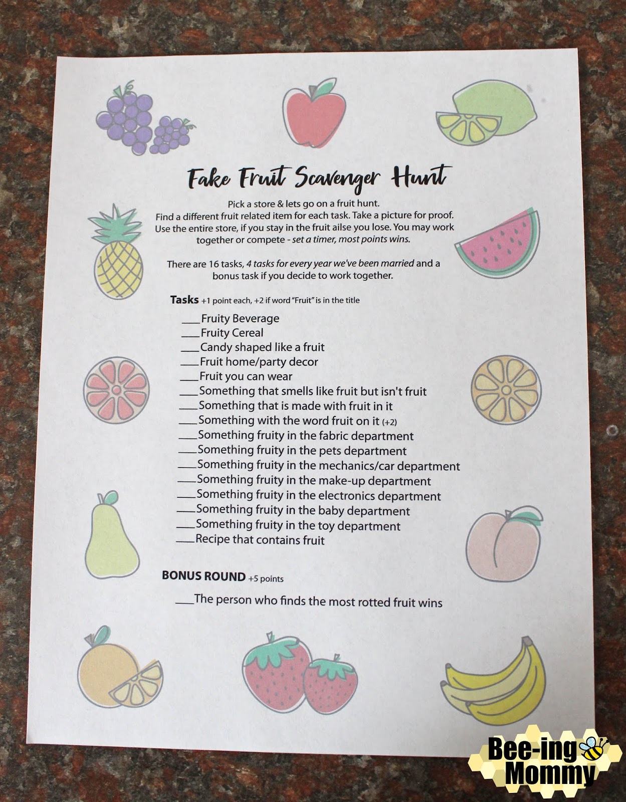 Fake Fruit Scavenger Hunt 4 Year Anniversary Game