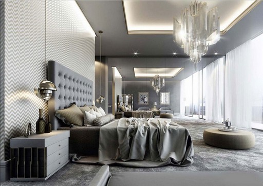 Luxus-Schlafzimmer-grau-Design-mit-geometrische-Tapeten-inklusive-moderne-einrichtung-und-wunderschöne-Kronleuchter-1024x724