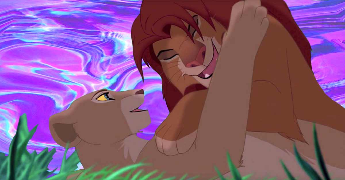 Simba e Nala da ''Il re leone'' su uno sfondo olografico da copertina dance anni '90