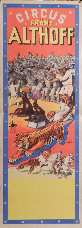 affiche du cirque Allemand de Franz Althoff, éléphants, chevaux, chimpanzés tigre et otaries 