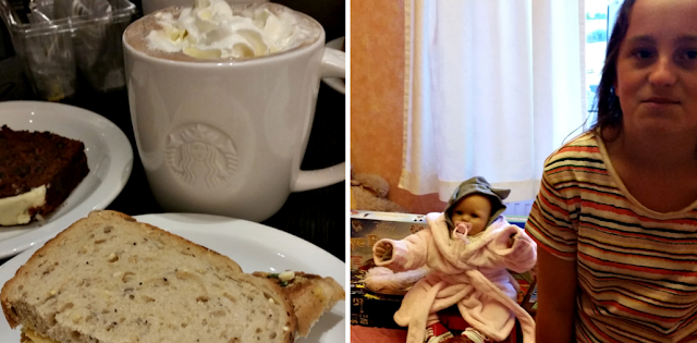 Lunch. A sandwich, cake and a cup of tea. A photo of my daughter with her creepy doll