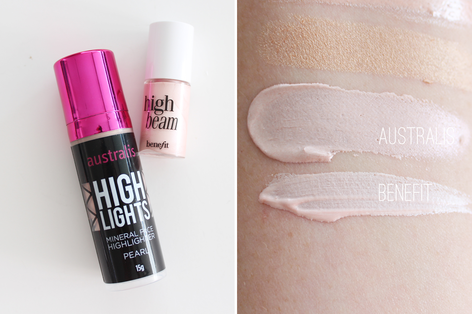 TOP FIVE | Highlighters [+ A Benefit Dupe] - Australis High Lights Mineral Face Highlighter in Pearl vs. Benefit High Beam - CassandraMyee