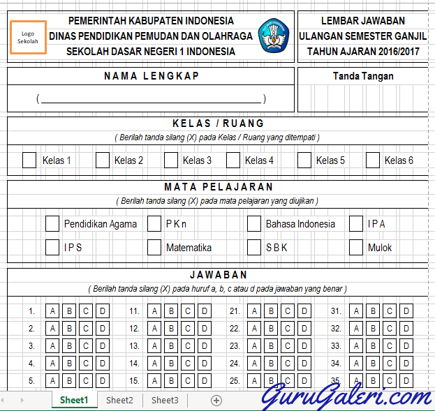 Download Lembar  Jawaban Soal  Ujian Siswa Format Excel 