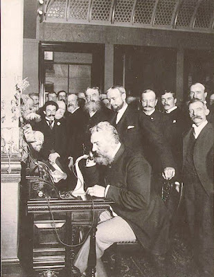 Bell sits at the New York end of the first long-distance line to Chicago and inaugurates real long-distance telephone service in 1892. Like gas and electricity, the telephone began as a local service and kept spreading, until, by 1915, transcontinental service was a reality. Gilbert H. Grosvenor Collection, Prints and Photographs Division, Library of Congress. -- http://www.alexandergrahambell.org
