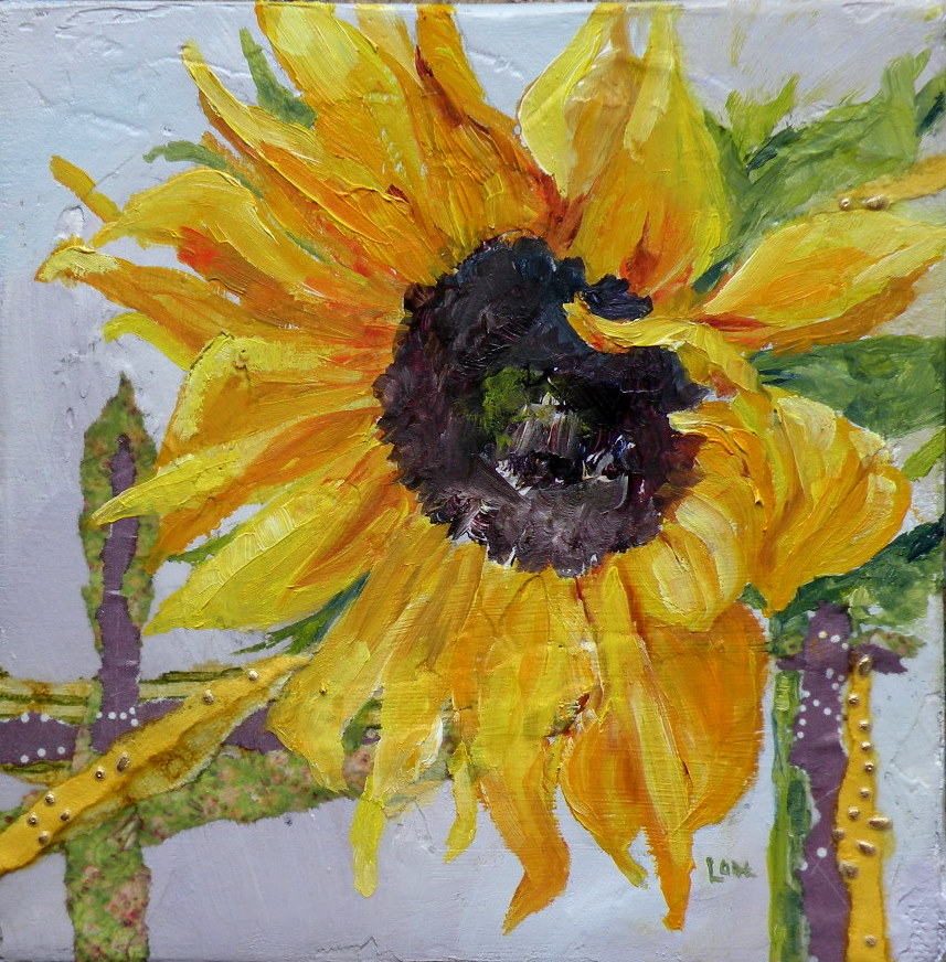 ART FOR LIFE "SUNFLOWER" MIXED MEDIA 5X5 FLORAL PAINTING © SAUNDRA