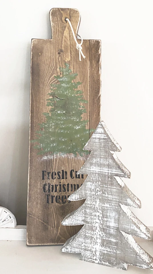 bread board with white washed christmas tree