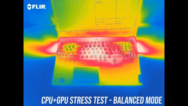 Keyboard and palm rest are getting hotter during the balanced mode CPU+GPU stress test in Legion 7i.