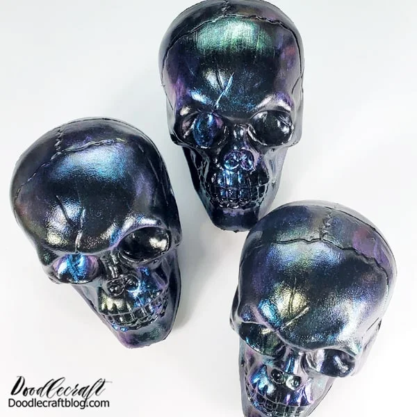 Halloween Party Craft #1: Skulls Painted Three Ways!  These iridescent skulls are so cool, shimmery and have a really sweet mermaid vibe. Paint them and leave them like this or add some little embellishments to them. Here we go!