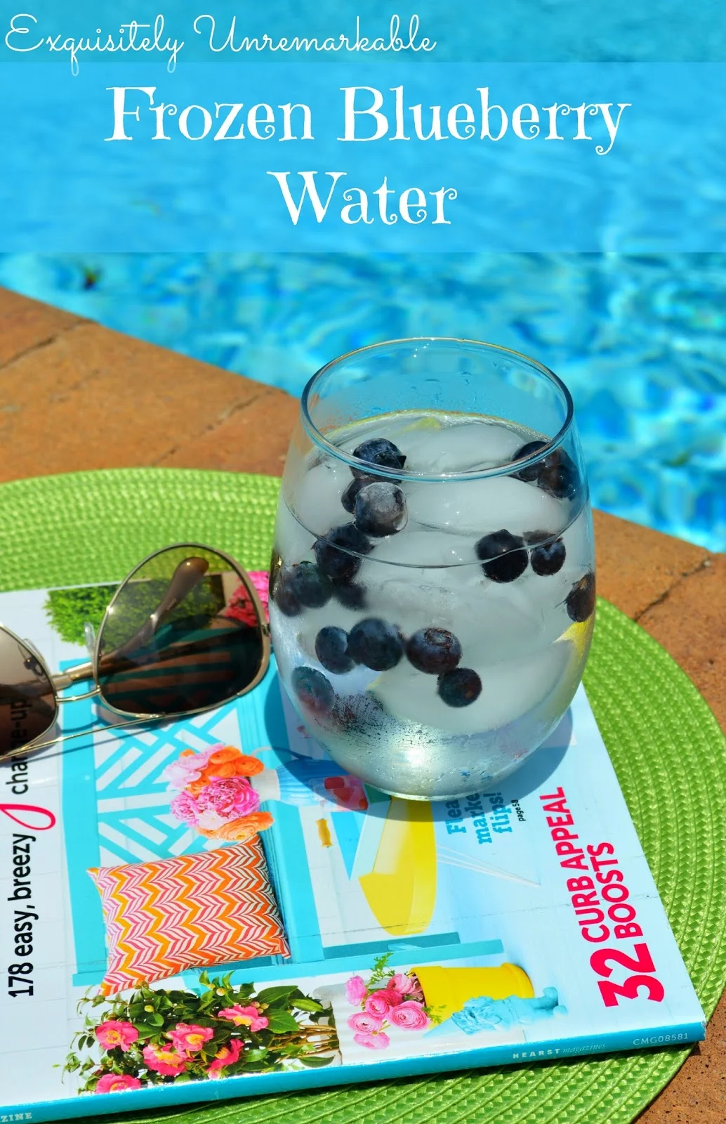 Frozen Blueberry Water on a magazine next to the pool