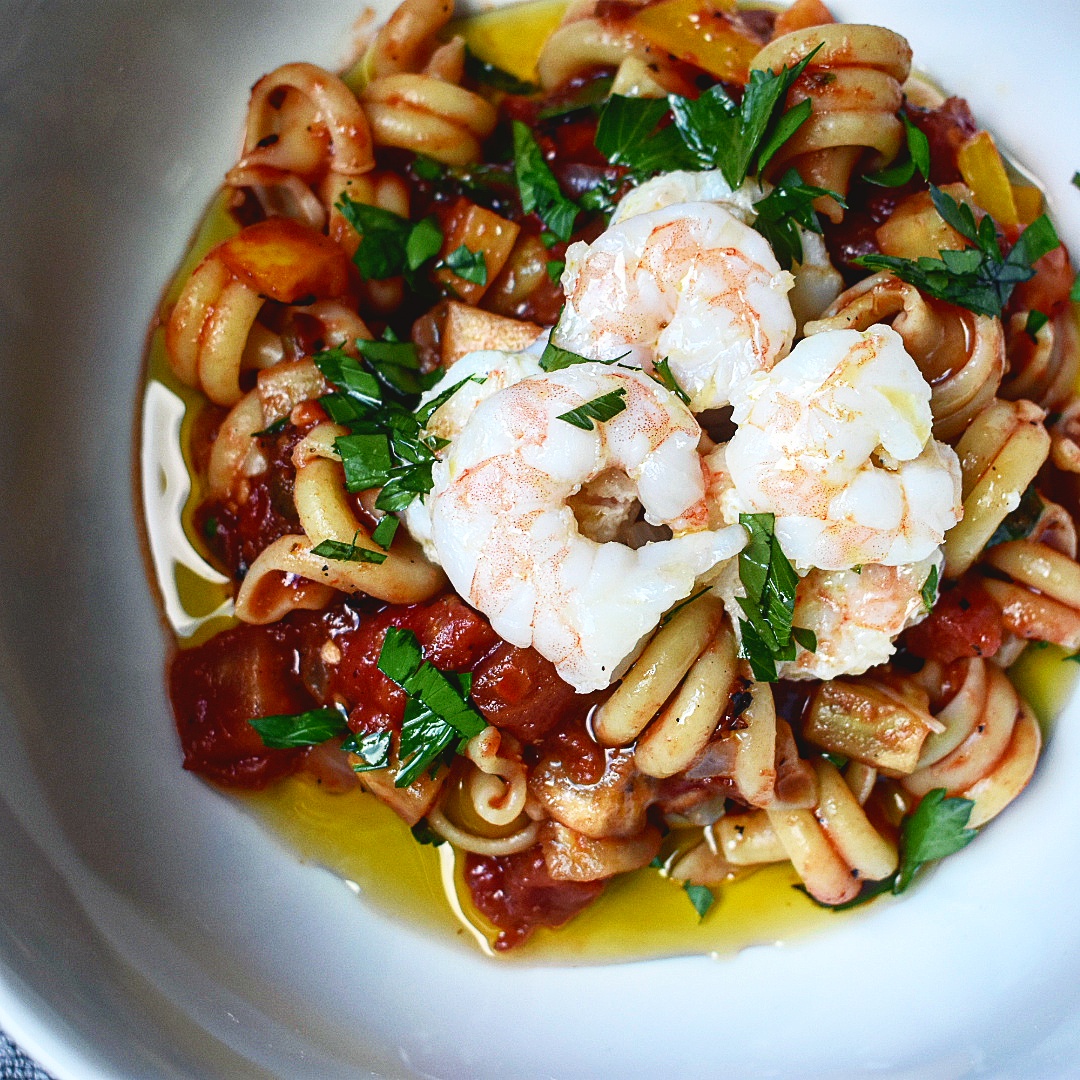 Eggplant Caponata Pasta with Shrimp.