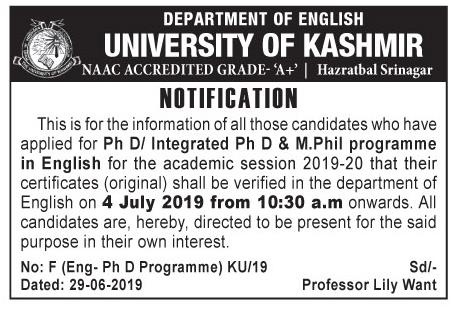 University of Kashmir notice regarding P.hD & M. Phill in English for session 2019-20