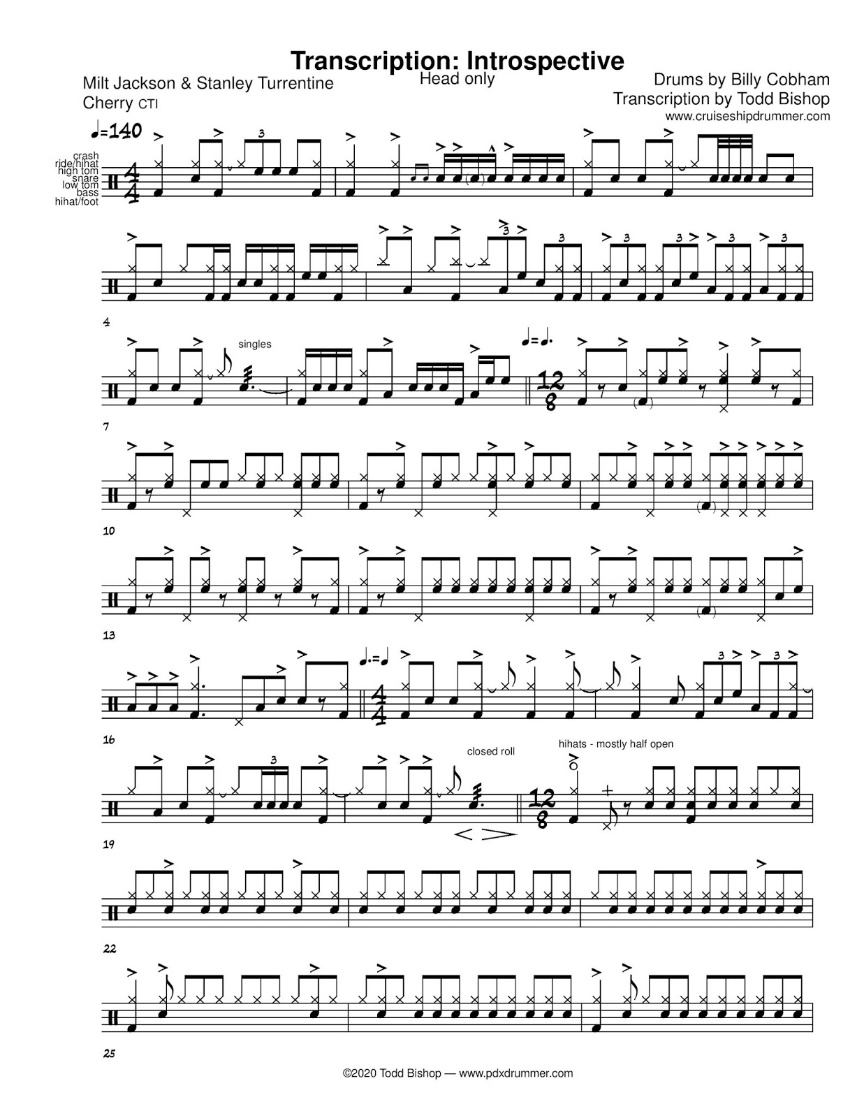Cruise Ship Drummer Transcription Billy Cobham Introspective