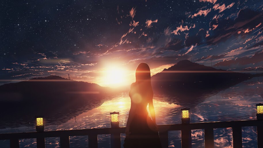 #8.2949, Sunset, Silhouette, Scenery, Anime, Art, 4K Wallpaper