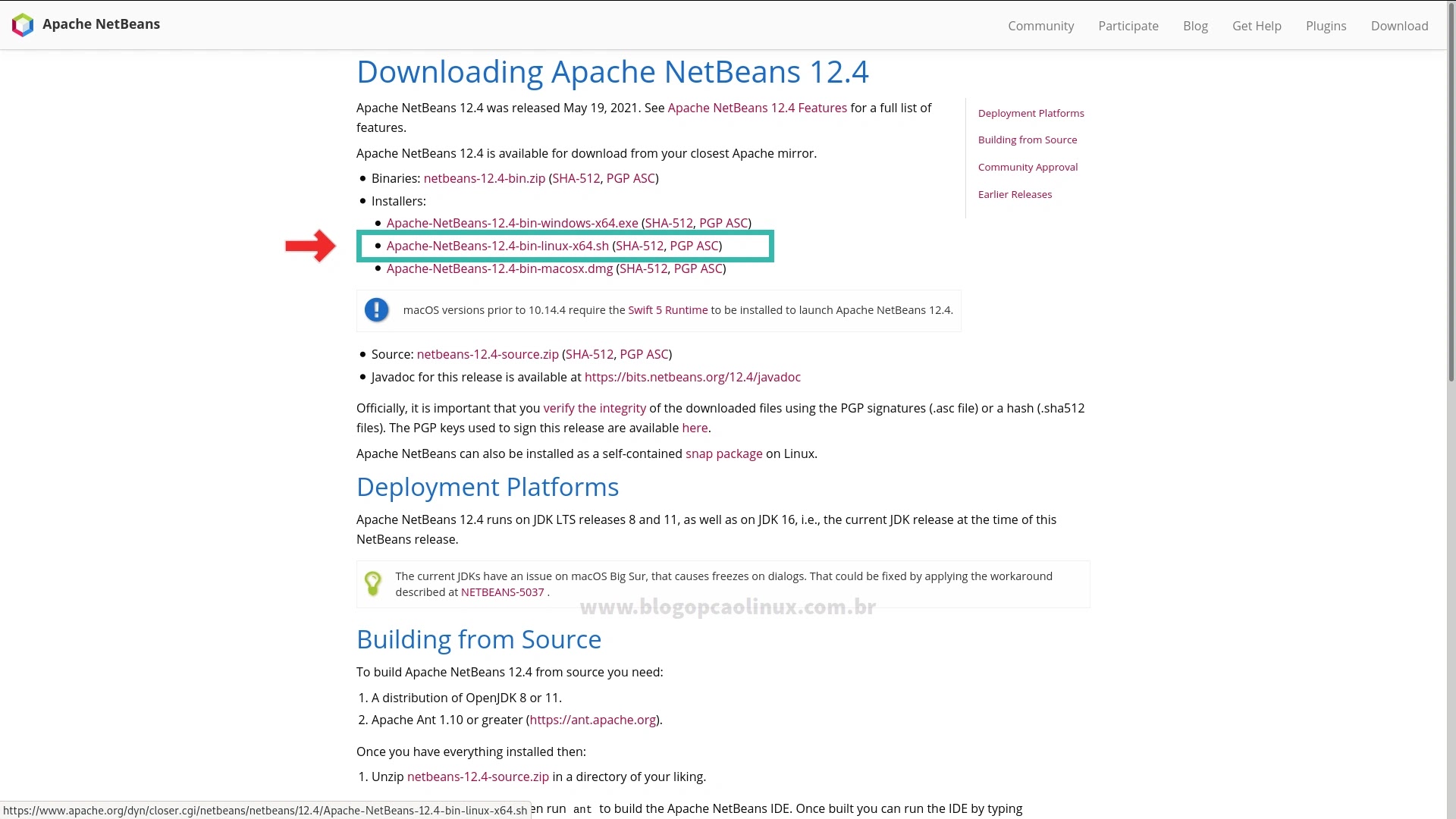 Página de download do Apache NetBeans IDE - Setembro de 2021