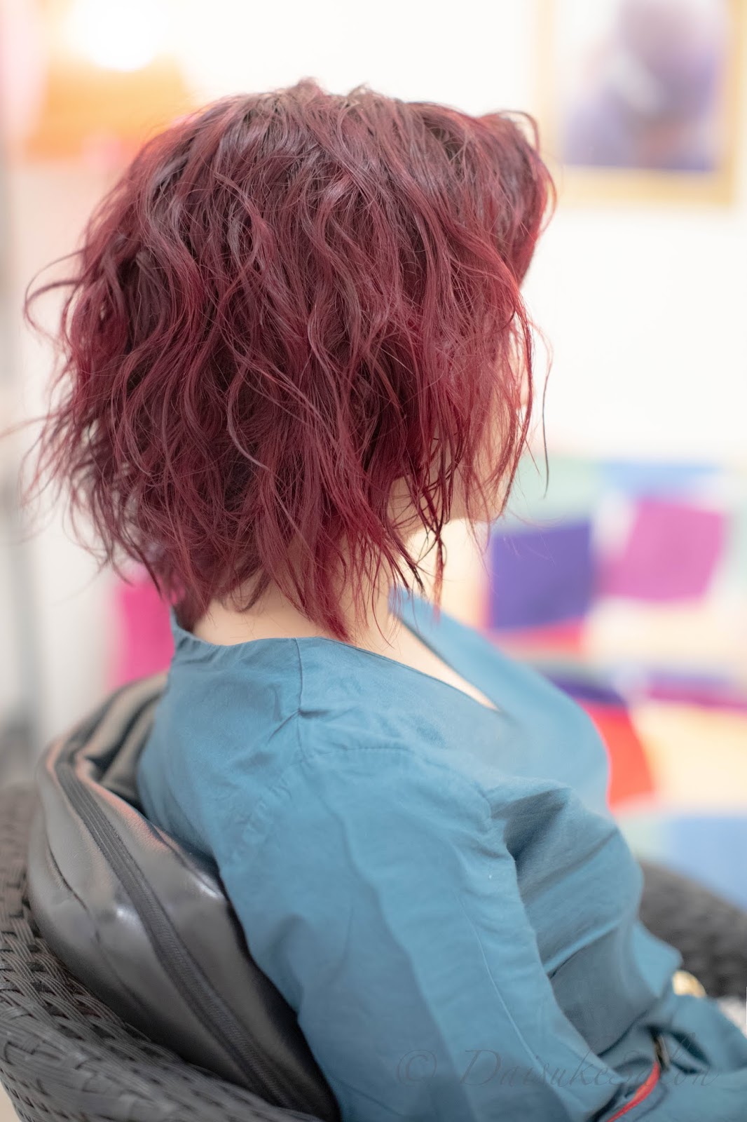 Air wave perm. short Bob. Pink red colour