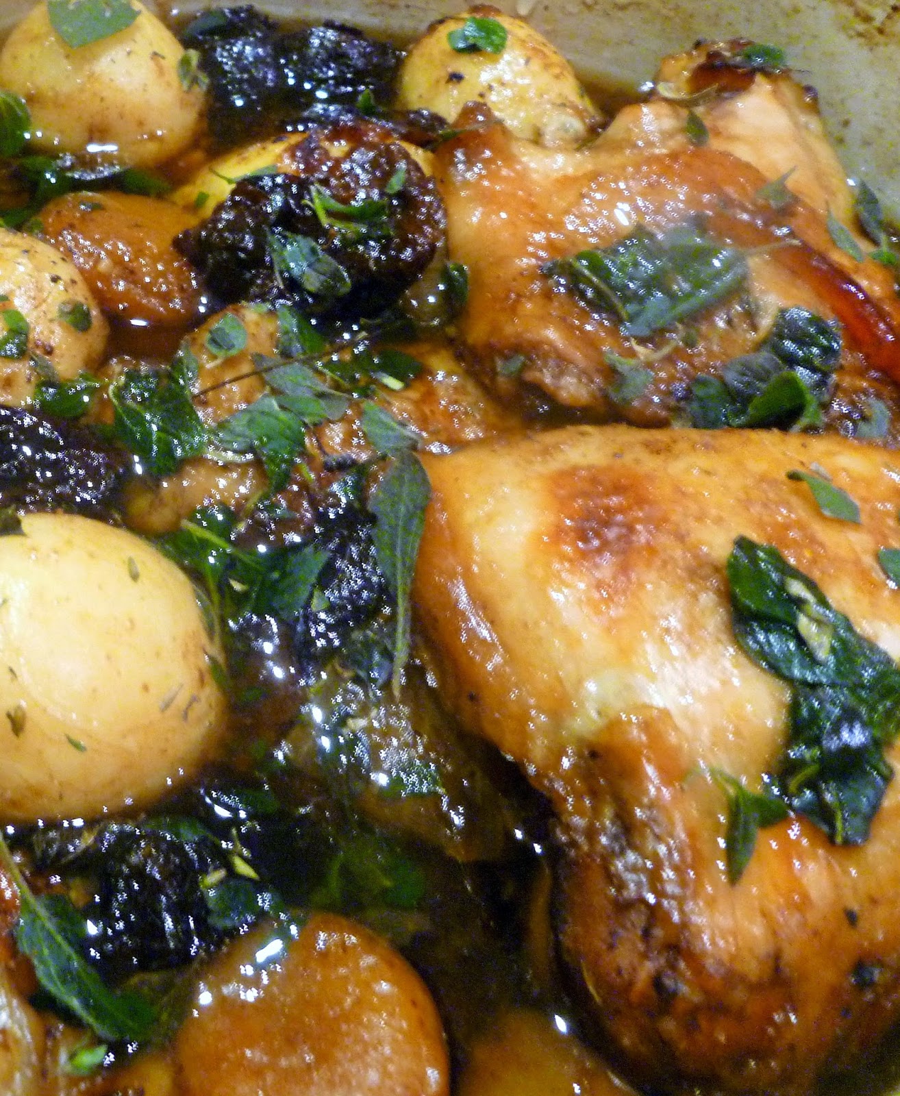Lindaraxa Chicken With Potatoes, Prunes And Pomegranate Molasses