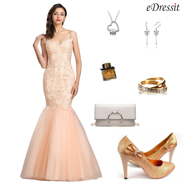  eDressit Peach Strap Prom Gown Mermaid Party Dress
