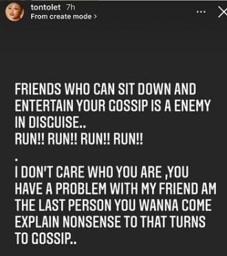 Friends who sit and entertain your gossip are enemies in disguise - Tonto Dikeh