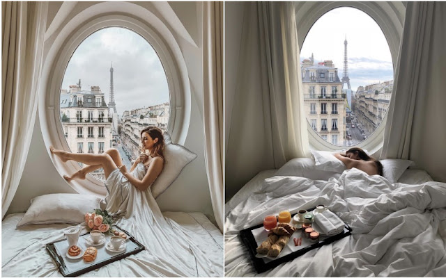 The hotel has a luxurious doorway, overlooking the Eiffel Tower