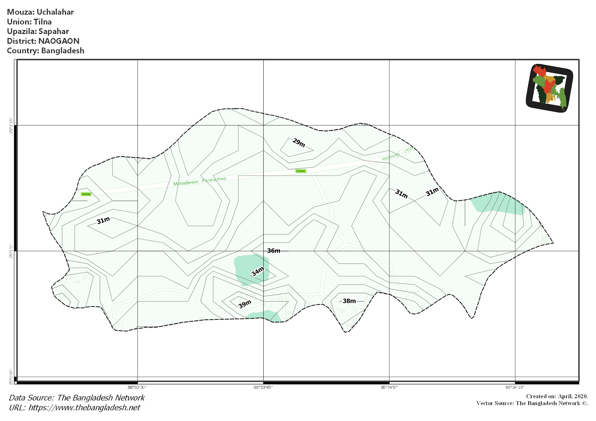 Map of Uchalahar Mouza of Sapahar Upazila, NAOGAON, Bangladesh.