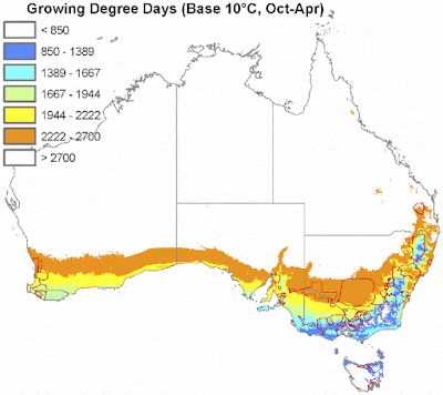 Growing Degree Days map of the wine regions of Australia