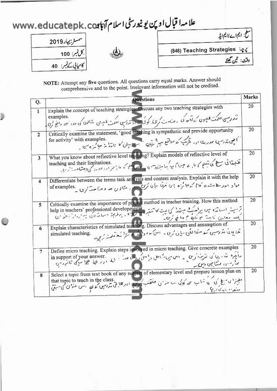 Aiou MA Special Education Code 846 Old Papers