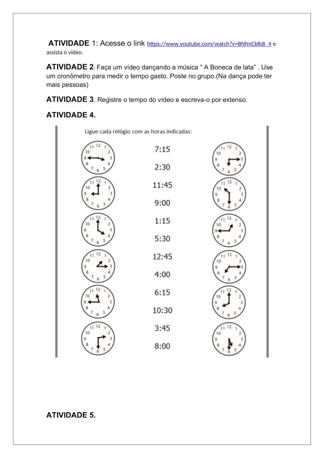 Atividades Com Relogios 4 Ano ENSINO