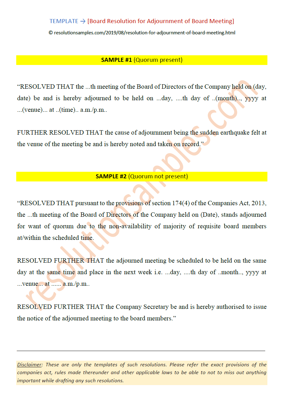 Draft Board Resolution for Adjournment of Board Meeting