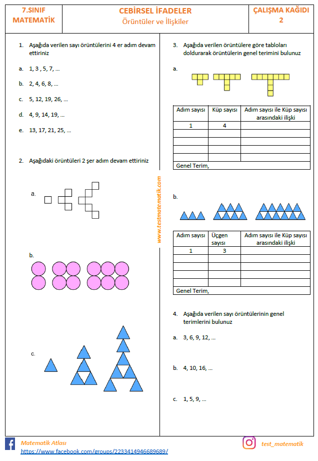 7 Sinif Oruntuler Ve Iliskiler Calisma Kagidi Test Matematik