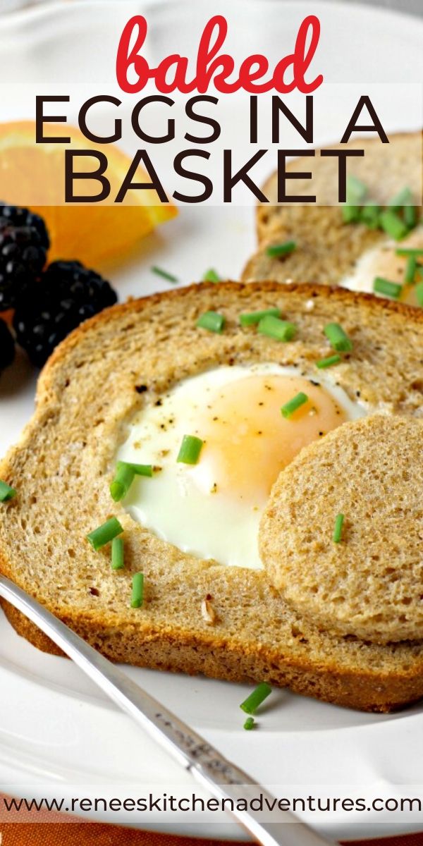 Pin for Pinterest Baked Eggs in a Basket by Renee's Kitchen Adventures on a plate, ready to eat with text overlay