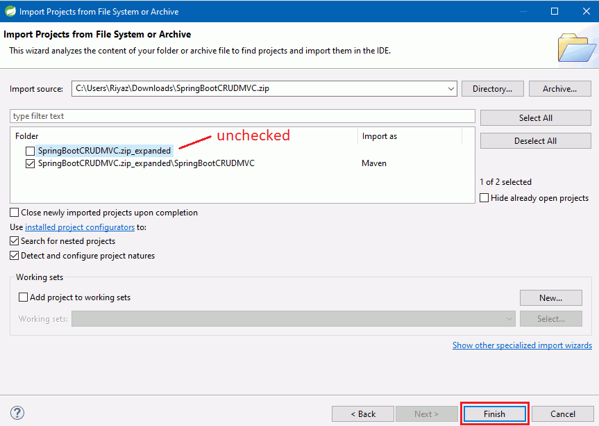 uncheck the SpringBootCRUDMVC.zip_expanded checkbox